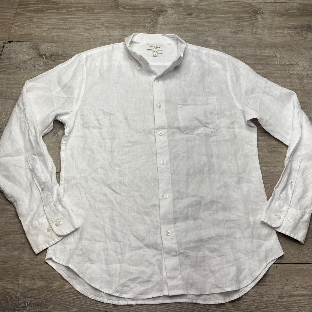 Bonobos Shirt Slim Fit Mens M White 100% Pure Linen Long Sleeve Button Down